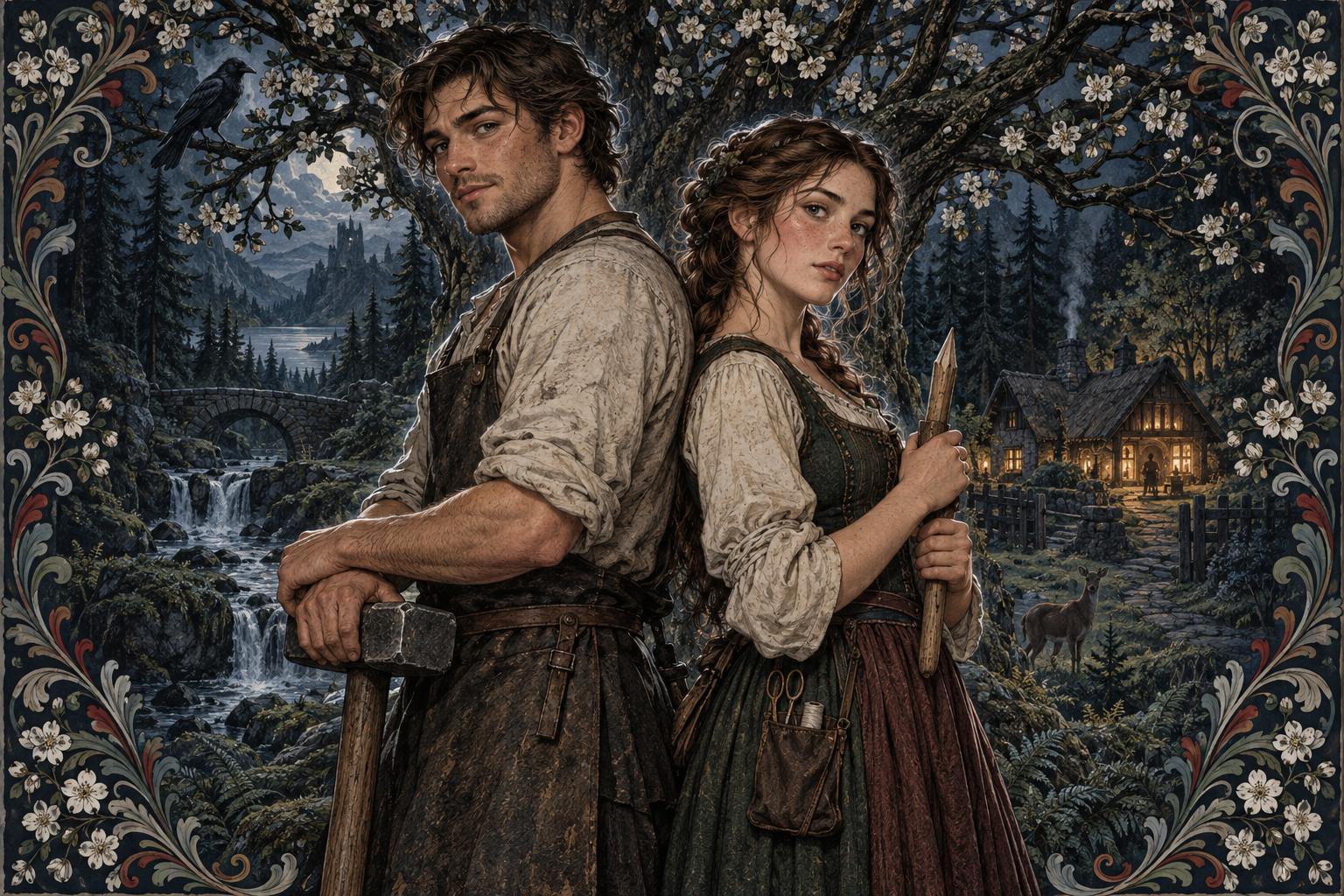 Concept illustration of Geir and Kasia back to back beneath a woodland tree, with a warmly lit refuge behind them.